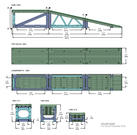 Technical drawing of the modular ramp: side, top, underneath and section views with dimensions
